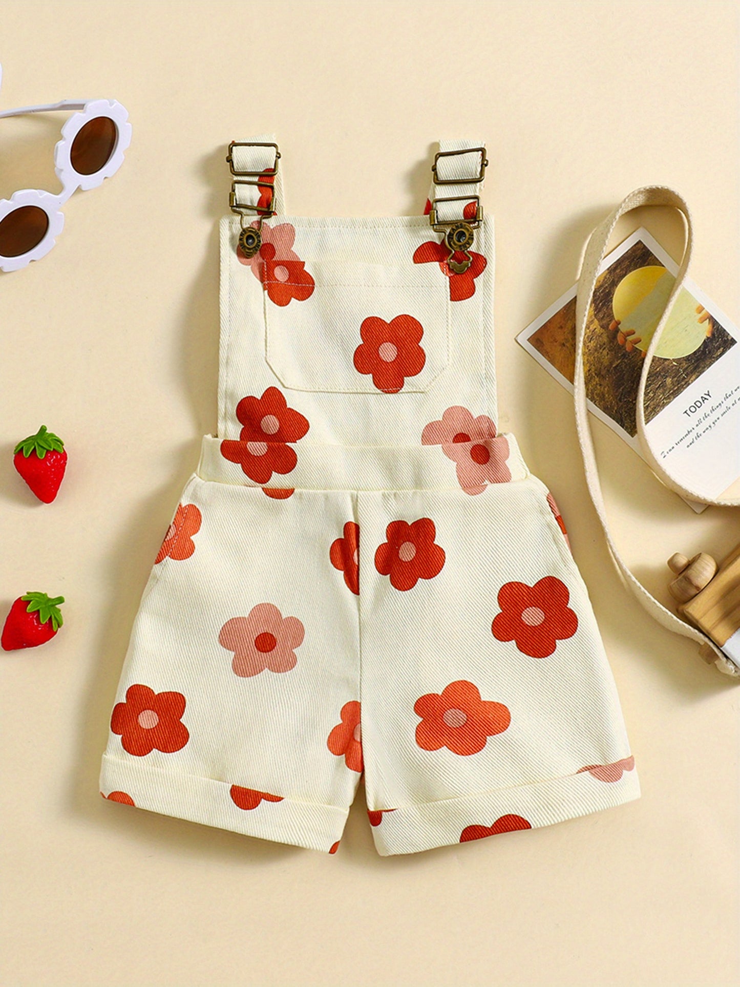 Denim Overalls for Little Featuring a Floral And Strawberry Design, Complete with Straps And Suspenders, Perfect for a Summer Outfit, for Outdoor