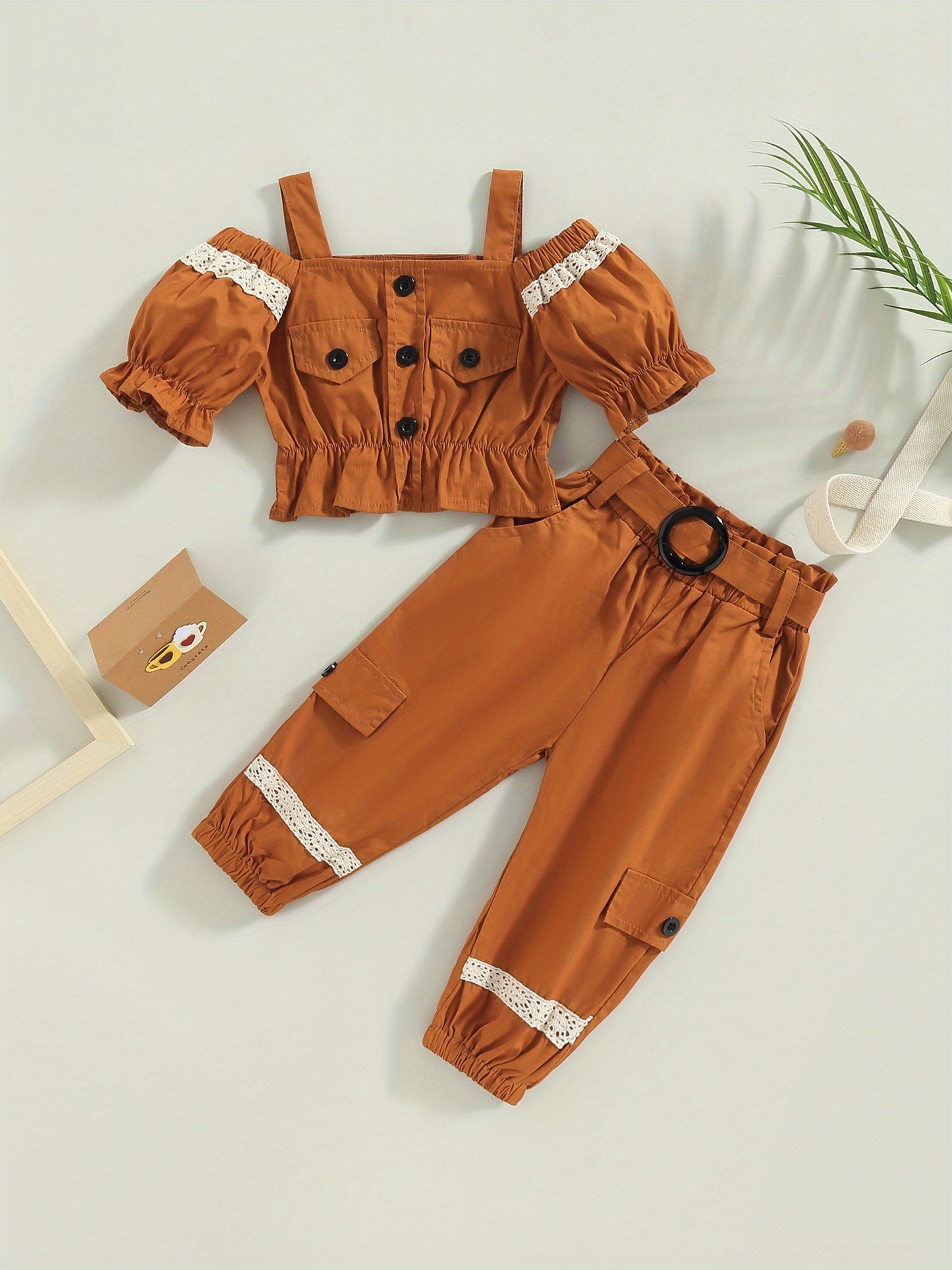 1-6Years Kids Girls 2pcs Summer Outfits, Short Sleeve Cold Shoulder Tops + Cargo Pants Set, for Outdoor