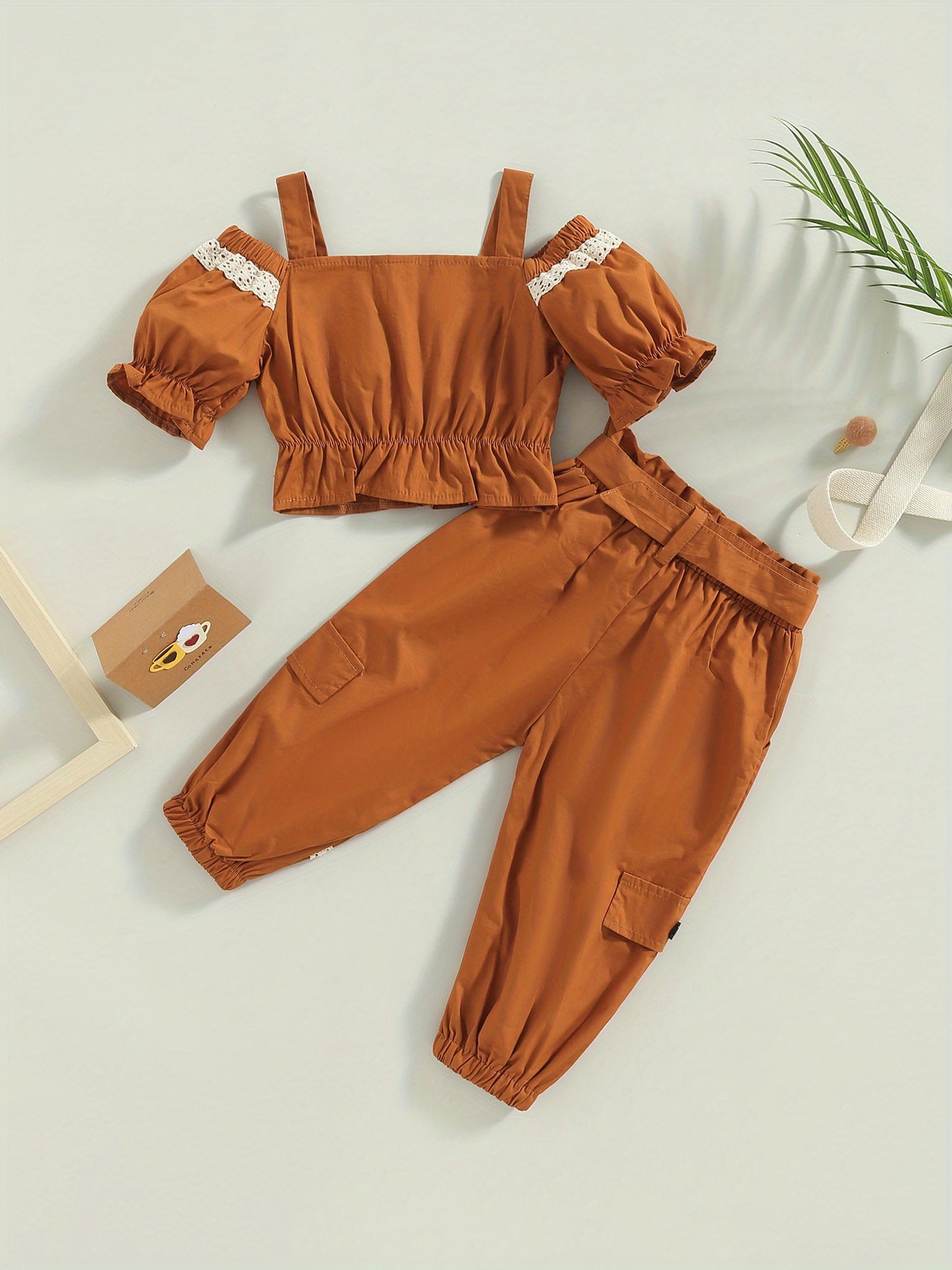 1-6Years Kids Girls 2pcs Summer Outfits, Short Sleeve Cold Shoulder Tops + Cargo Pants Set, for Outdoor