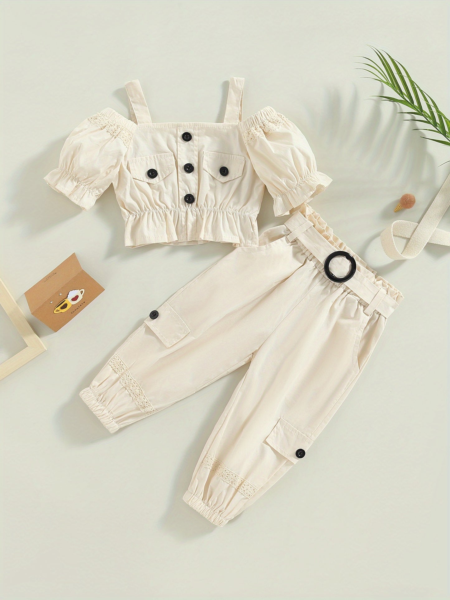 1-6Years Kids Girls 2pcs Summer Outfits, Short Sleeve Cold Shoulder Tops + Cargo Pants Set, for Outdoor