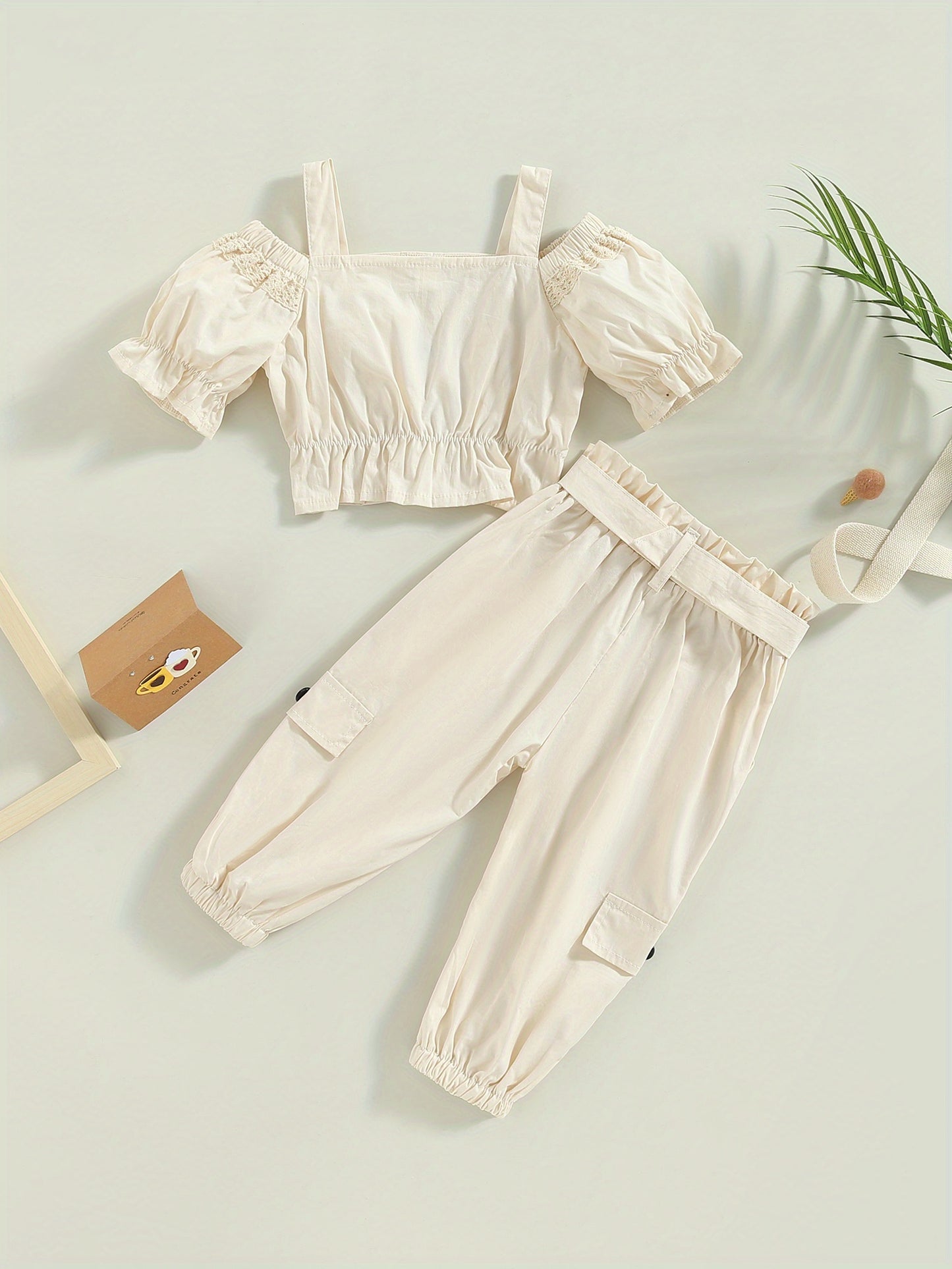 1-6Years Kids Girls 2pcs Summer Outfits, Short Sleeve Cold Shoulder Tops + Cargo Pants Set, for Outdoor