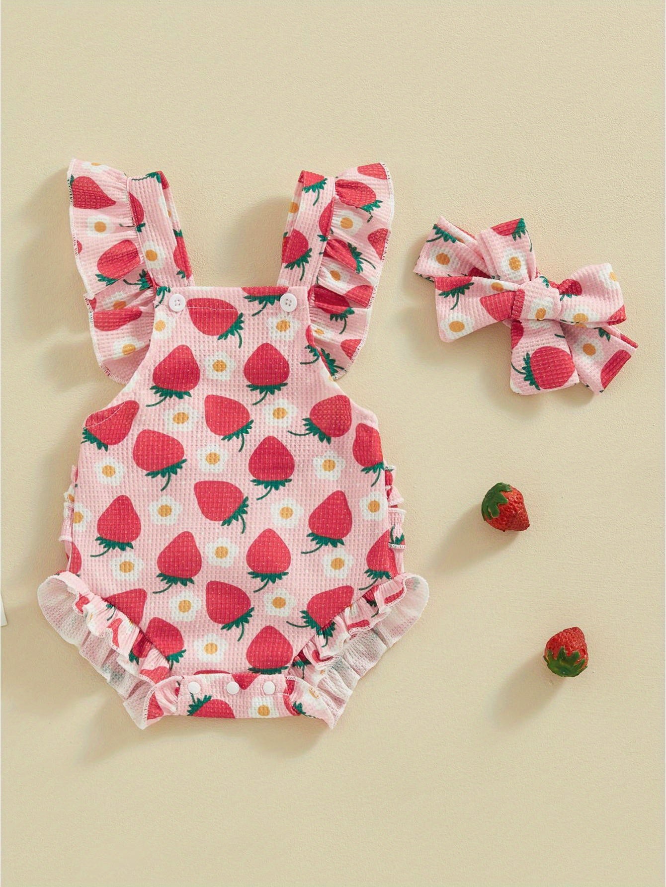 Baby Girls Romper Bodysuit Headband Strawberry Print