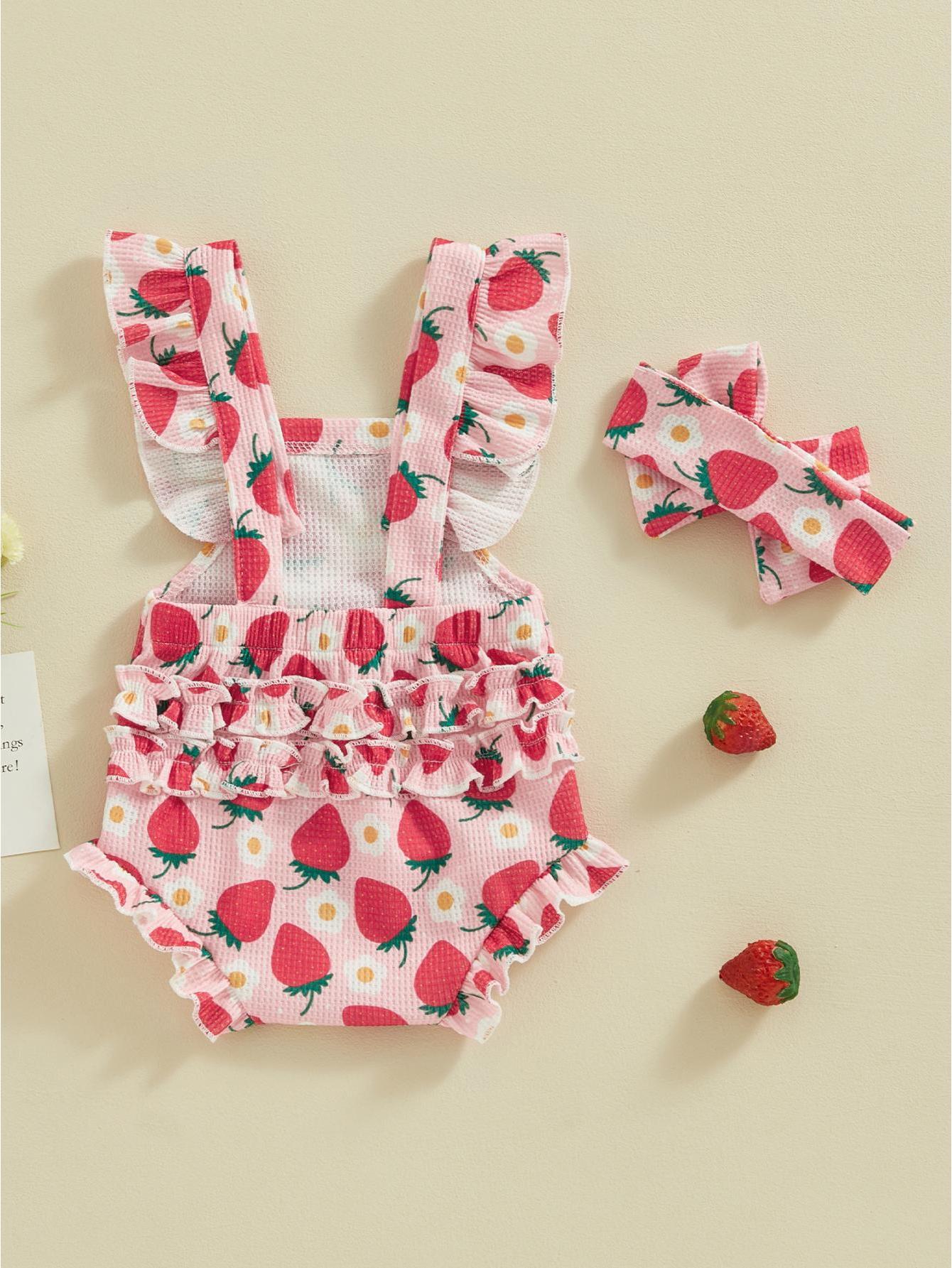 Baby Girls Romper Bodysuit Headband Strawberry Print
