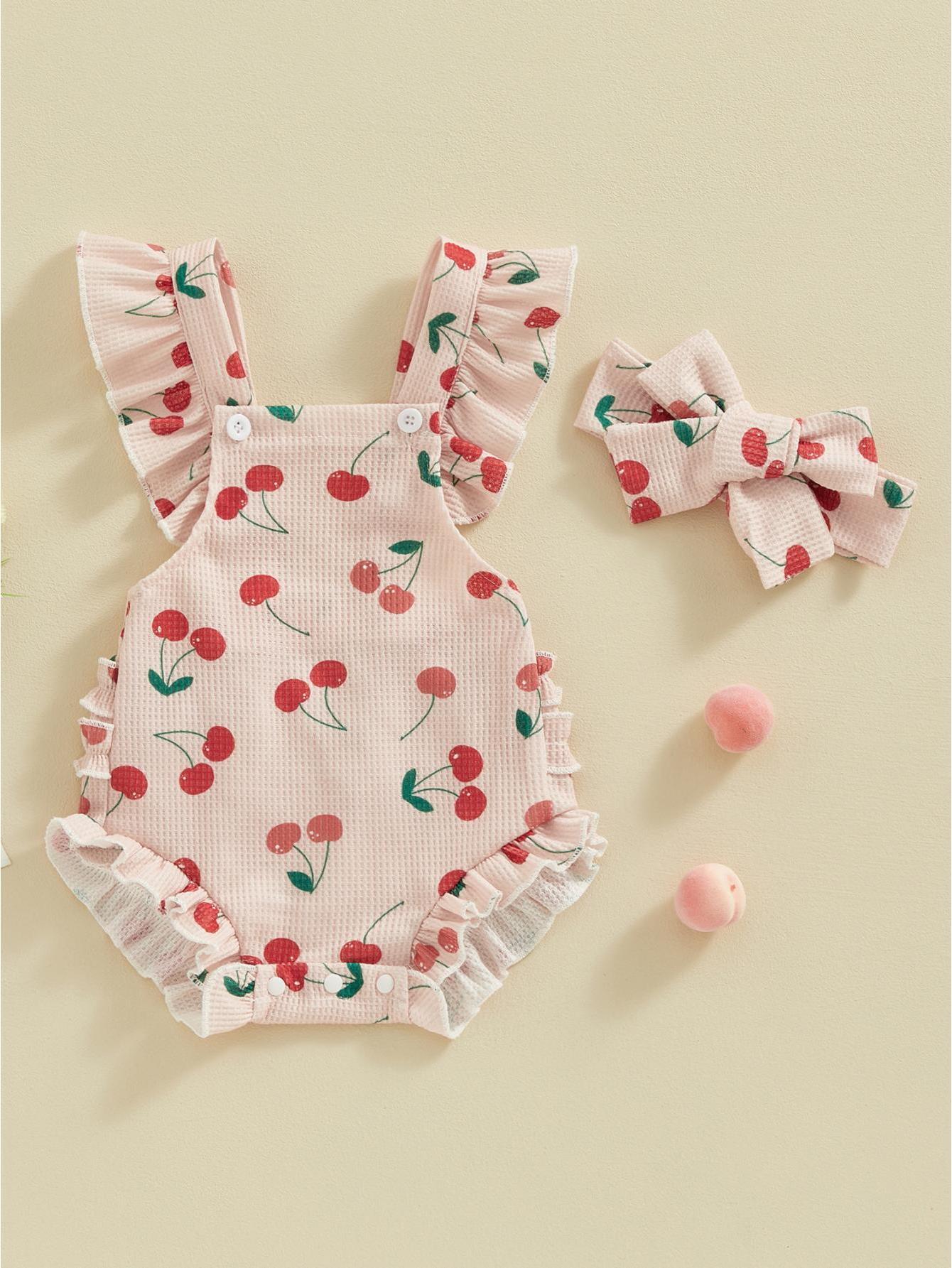 Baby Girls Romper Bodysuit Headband Strawberry Print