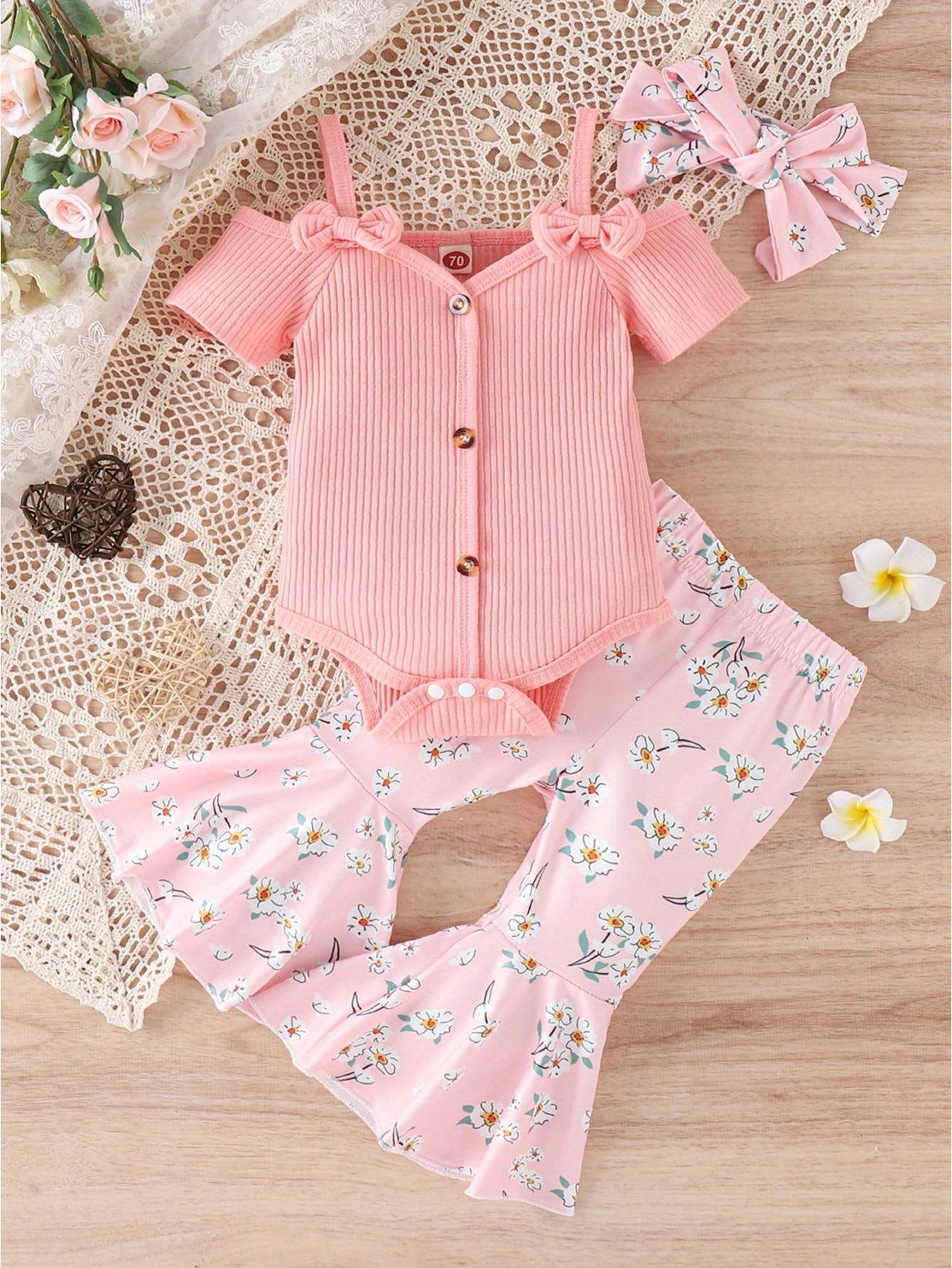 3pcs Baby Girl Spring Outfit Set Cold Shoulder Romper Flare Pants Headband for Outdoors