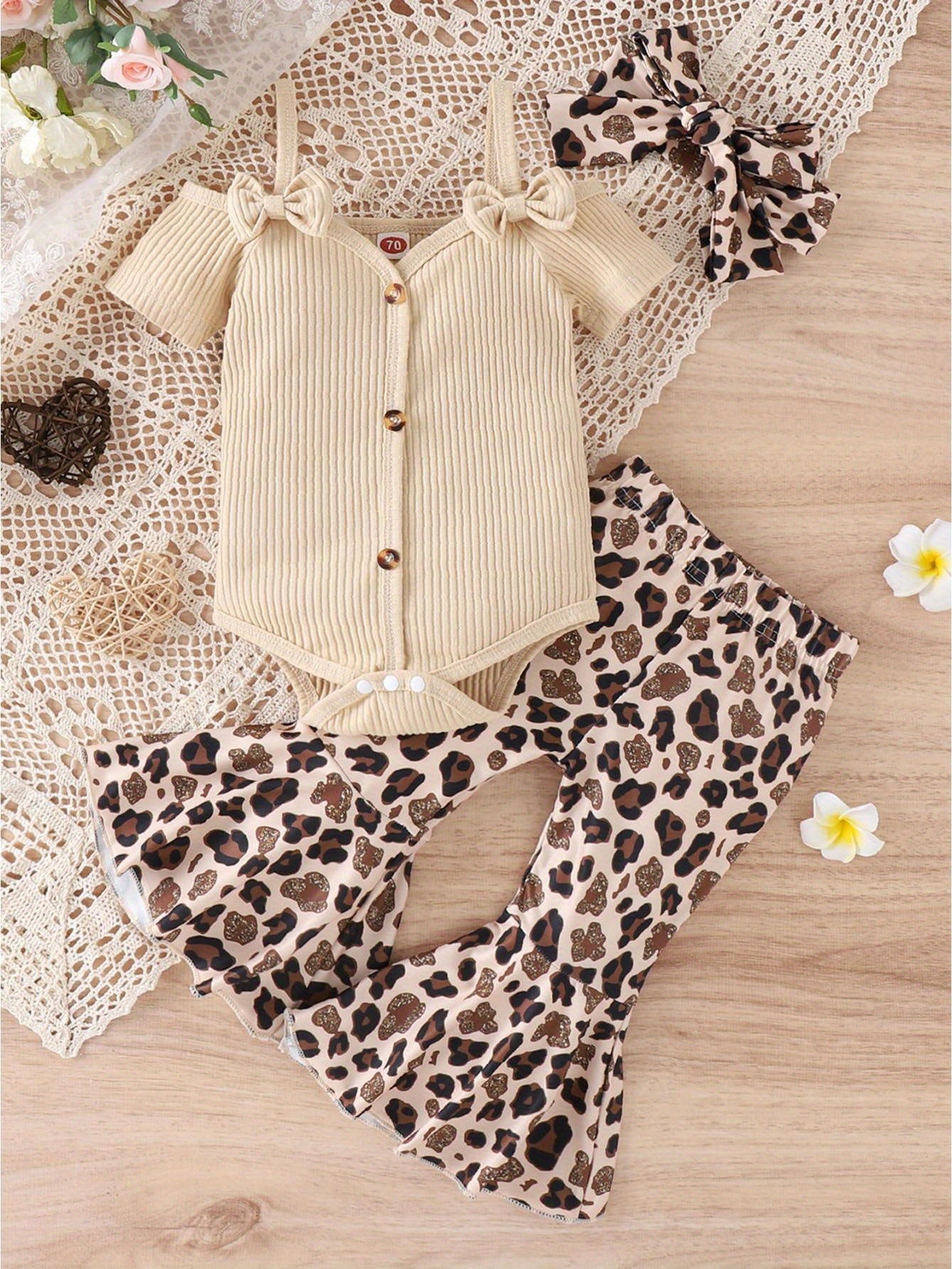 3pcs Baby Girl Spring Outfit Set Cold Shoulder Romper Flare Pants Headband for Outdoors