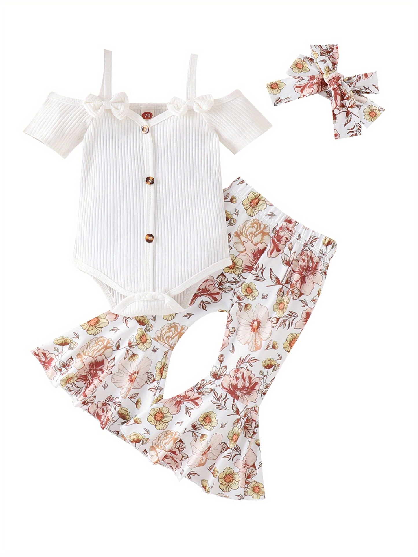 3pcs Baby Girl Spring Outfit Set Cold Shoulder Romper Flare Pants Headband for Outdoors