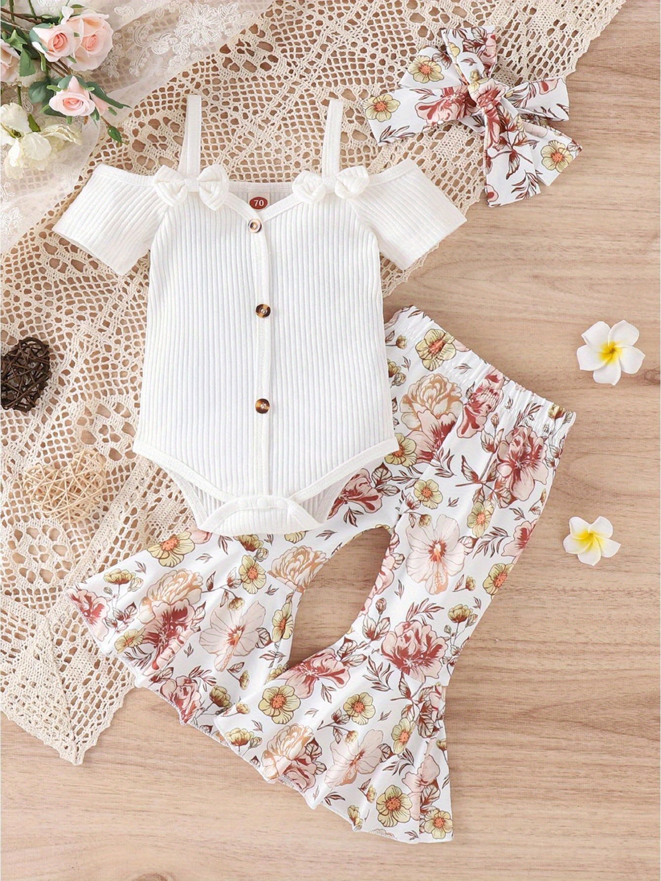3pcs Baby Girl Spring Outfit Set Cold Shoulder Romper Flare Pants Headband for Outdoors