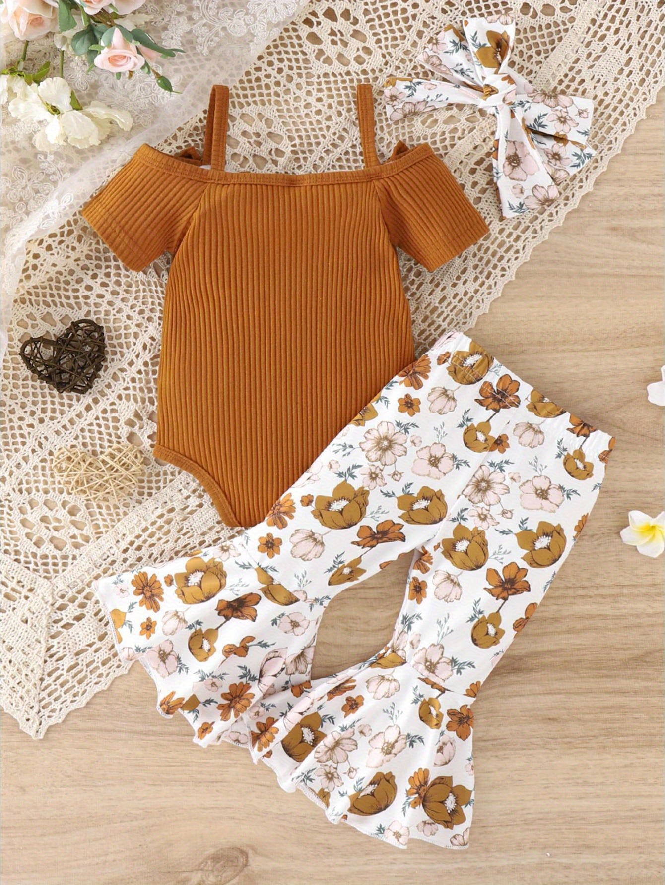 3pcs Baby Girl Spring Outfit Set Cold Shoulder Romper Flare Pants Headband for Outdoors
