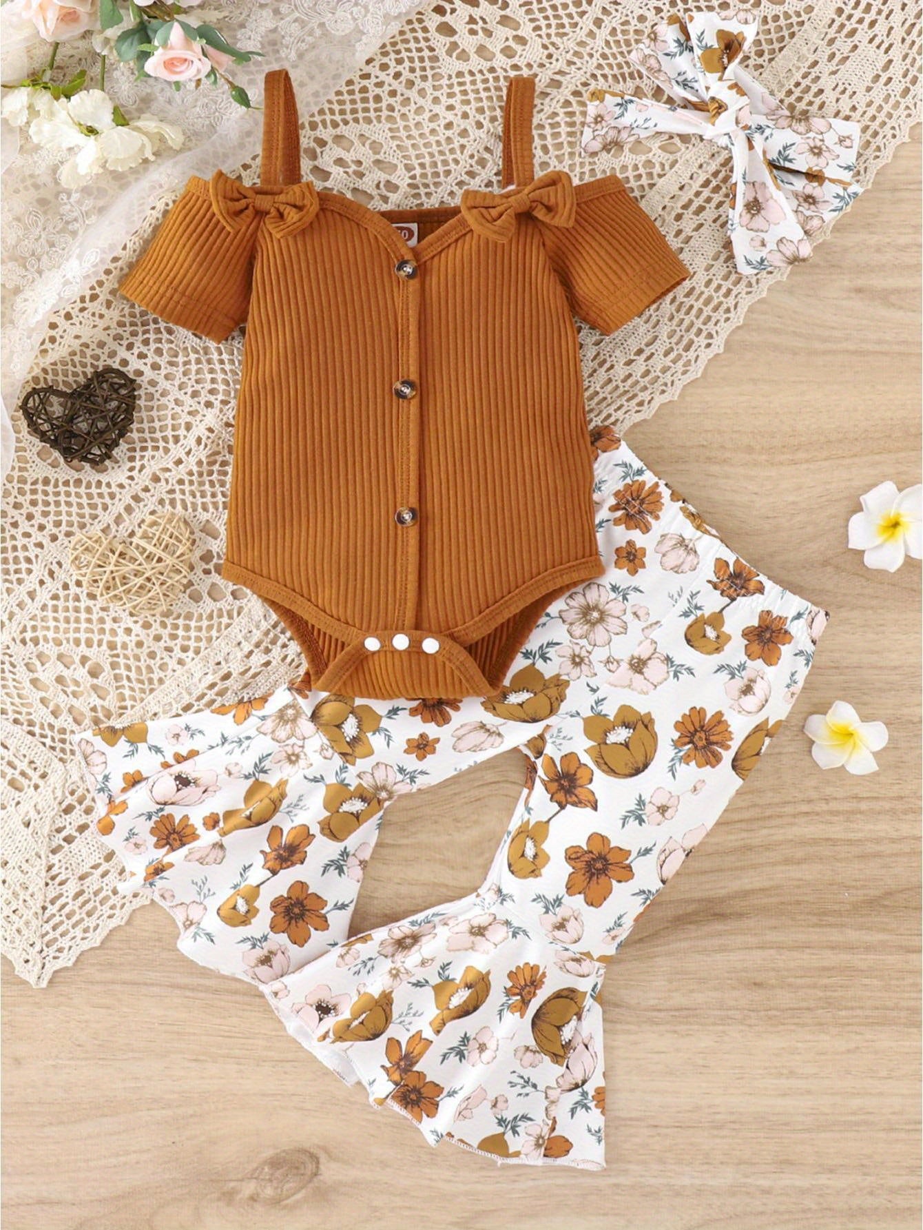 3pcs Baby Girl Spring Outfit Set Cold Shoulder Romper Flare Pants Headband for Outdoors