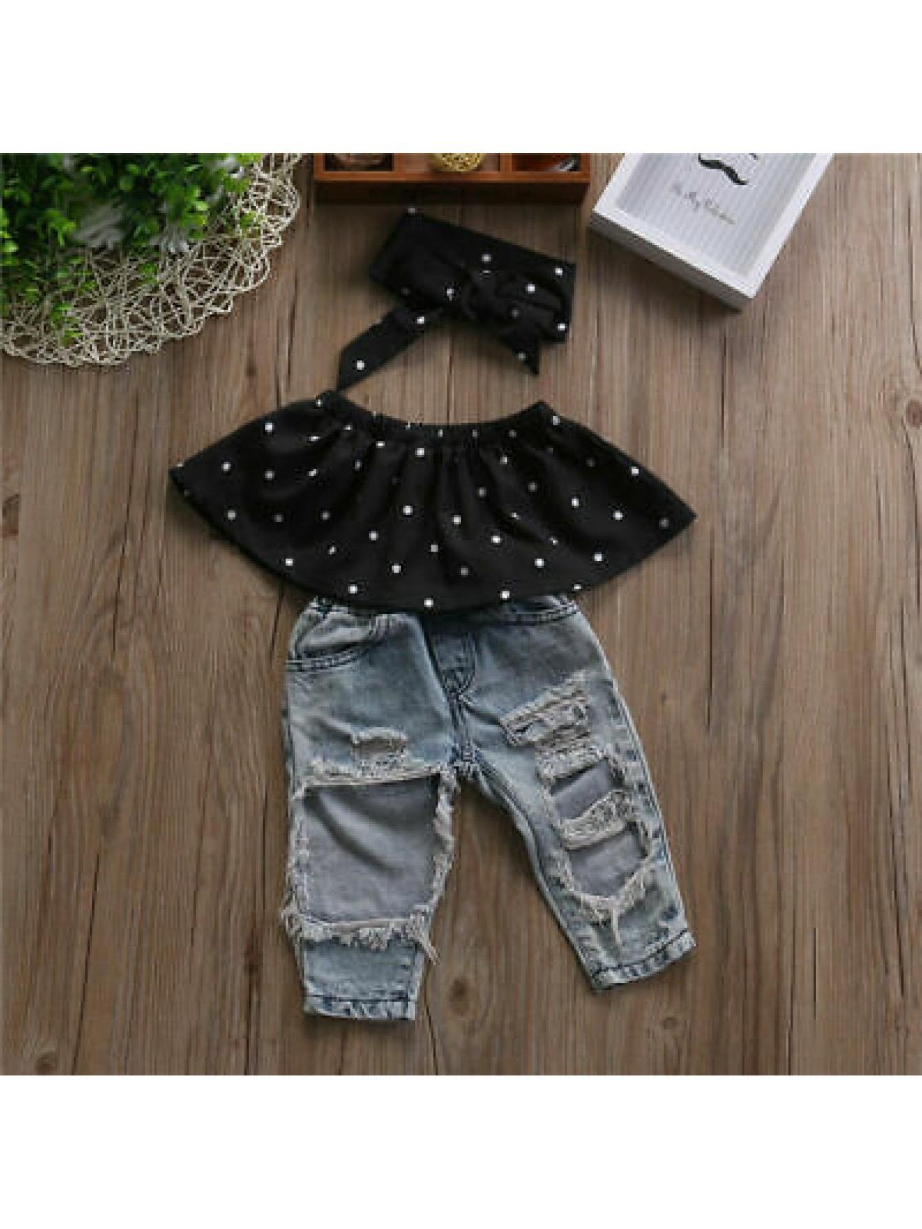 Infant Baby Girls Off Shoulder Wave Point Top Ripped Jeans and Bow Headband Outfit