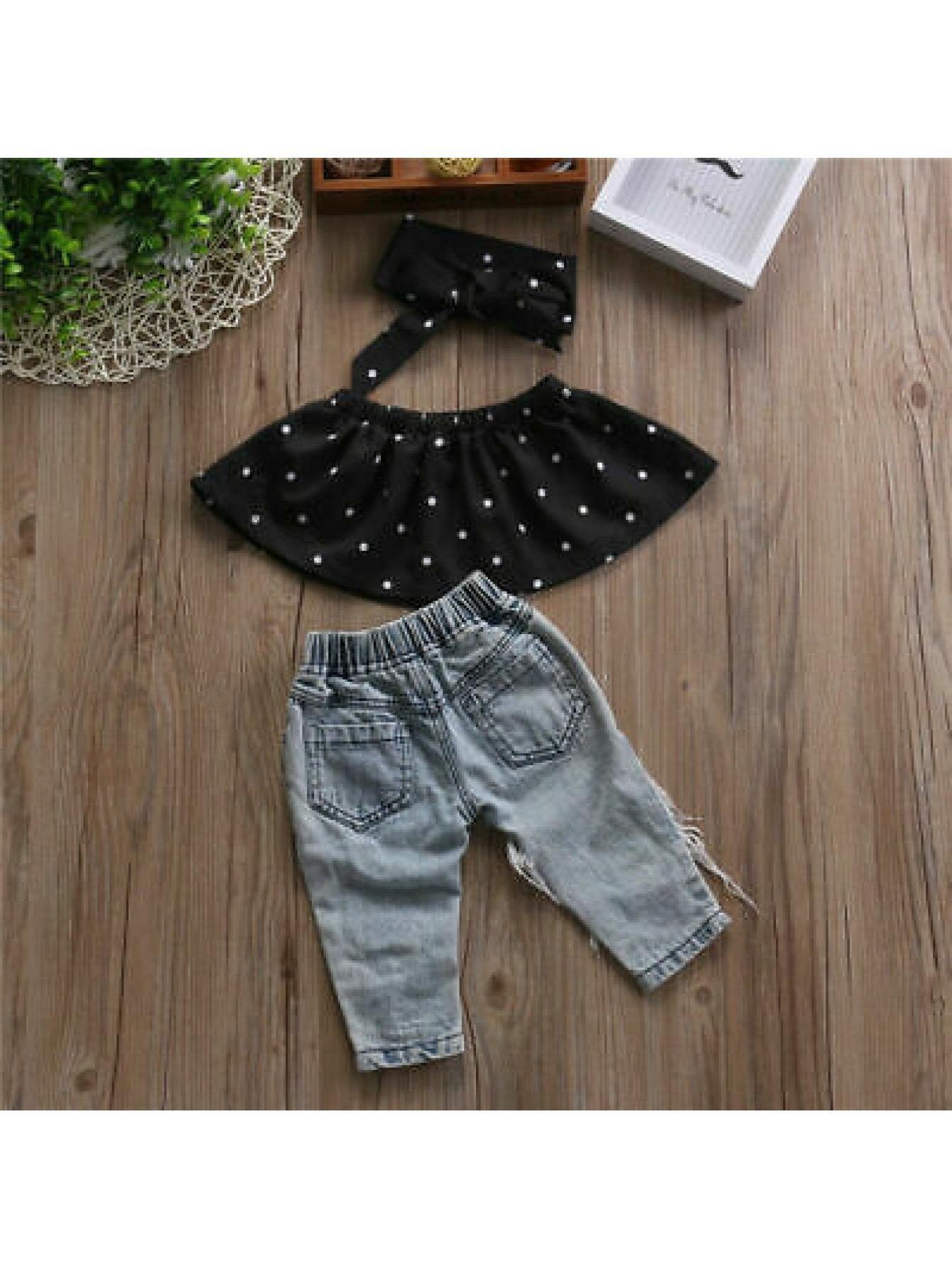 Infant Baby Girls Off Shoulder Wave Point Top Ripped Jeans and Bow Headband Outfit