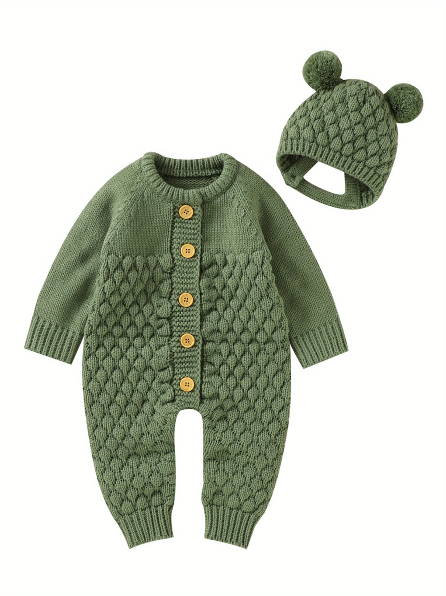Infant Baby Winter Knit Romper Bear Hat 2pc Set Long Sleeve