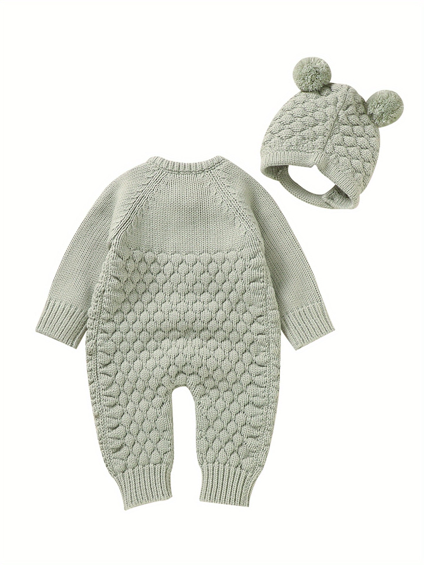 Infant Baby Winter Knit Romper Bear Hat 2pc Set Long Sleeve