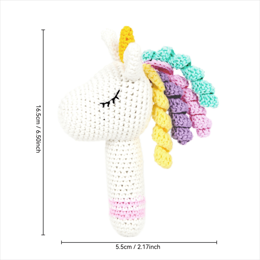 Charming Hand Knitted Amigurumi Mini Crochet Unicorn Rattle Stick with Bells