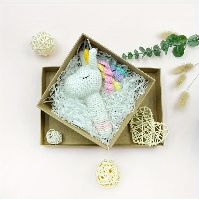 Charming Hand Knitted Amigurumi Mini Crochet Unicorn Rattle Stick with Bells