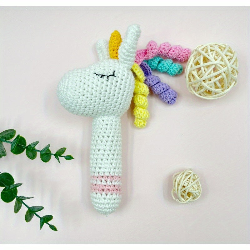Charming Hand Knitted Amigurumi Mini Crochet Unicorn Rattle Stick with Bells
