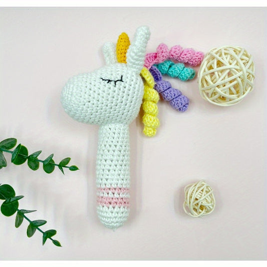 Charming Hand Knitted Amigurumi Mini Crochet Unicorn Rattle Stick with Bells