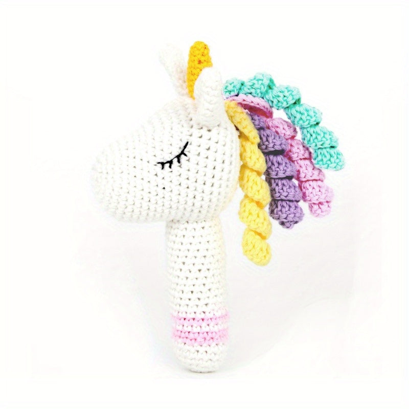 Charming Hand Knitted Amigurumi Mini Crochet Unicorn Rattle Stick with Bells