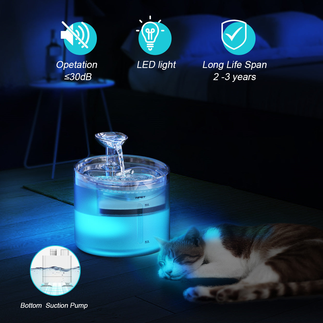NPET 54oz Automatic Cat Fountain Ultra Silent Water Dispenser with LED Lights