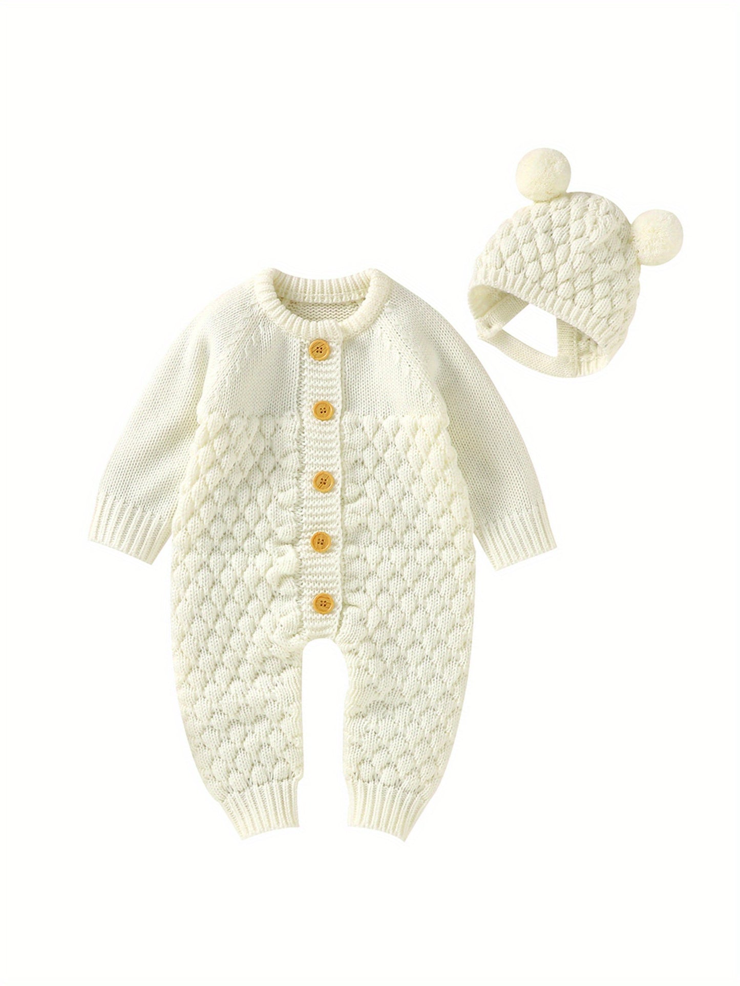 Infant Baby Winter Knit Romper Bear Hat 2pc Set Long Sleeve