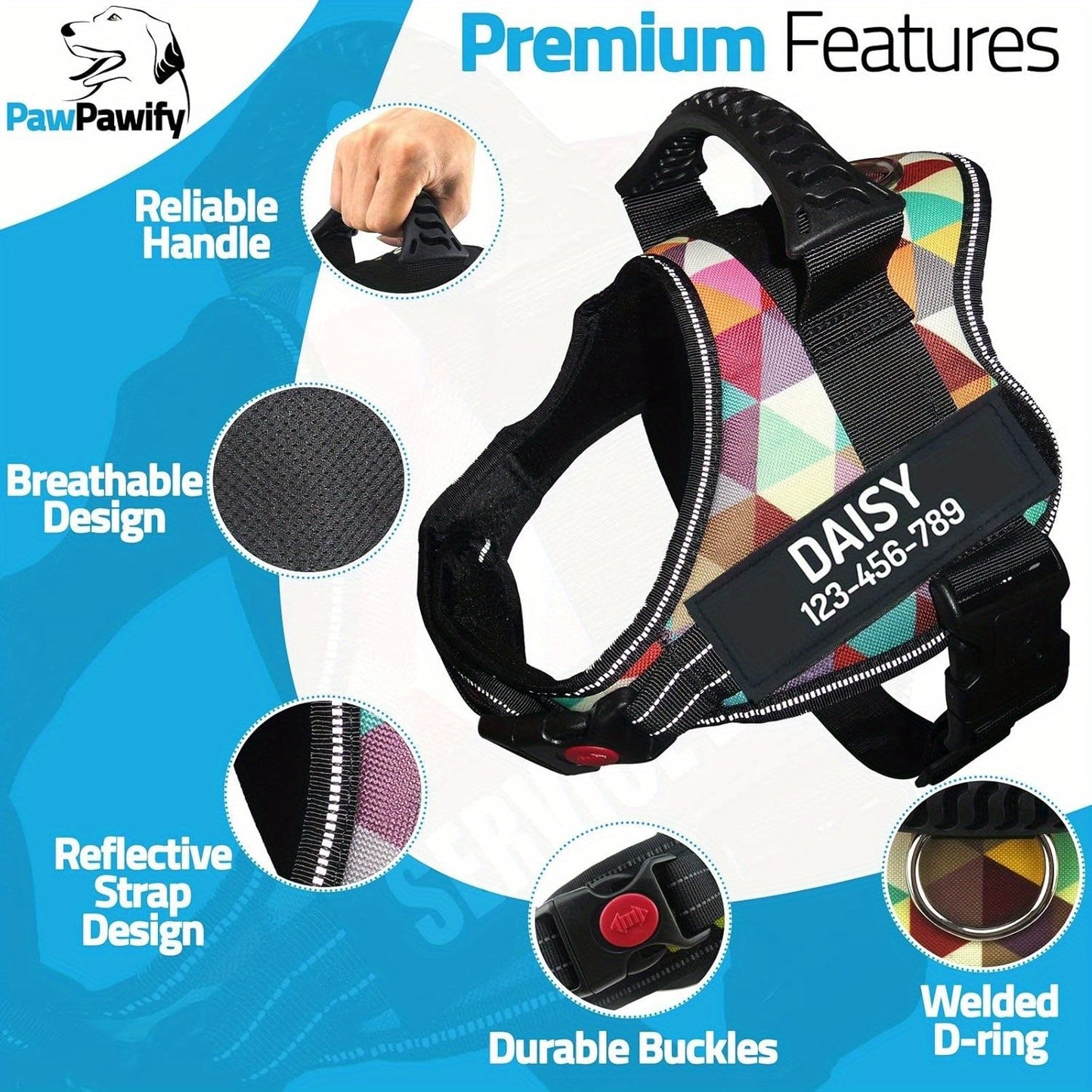 Customizable Polyester Dog Harness with Name & Phone Number, No-Pull Design, Daisy Pattern, Hand Wash Only, for Training & Walking