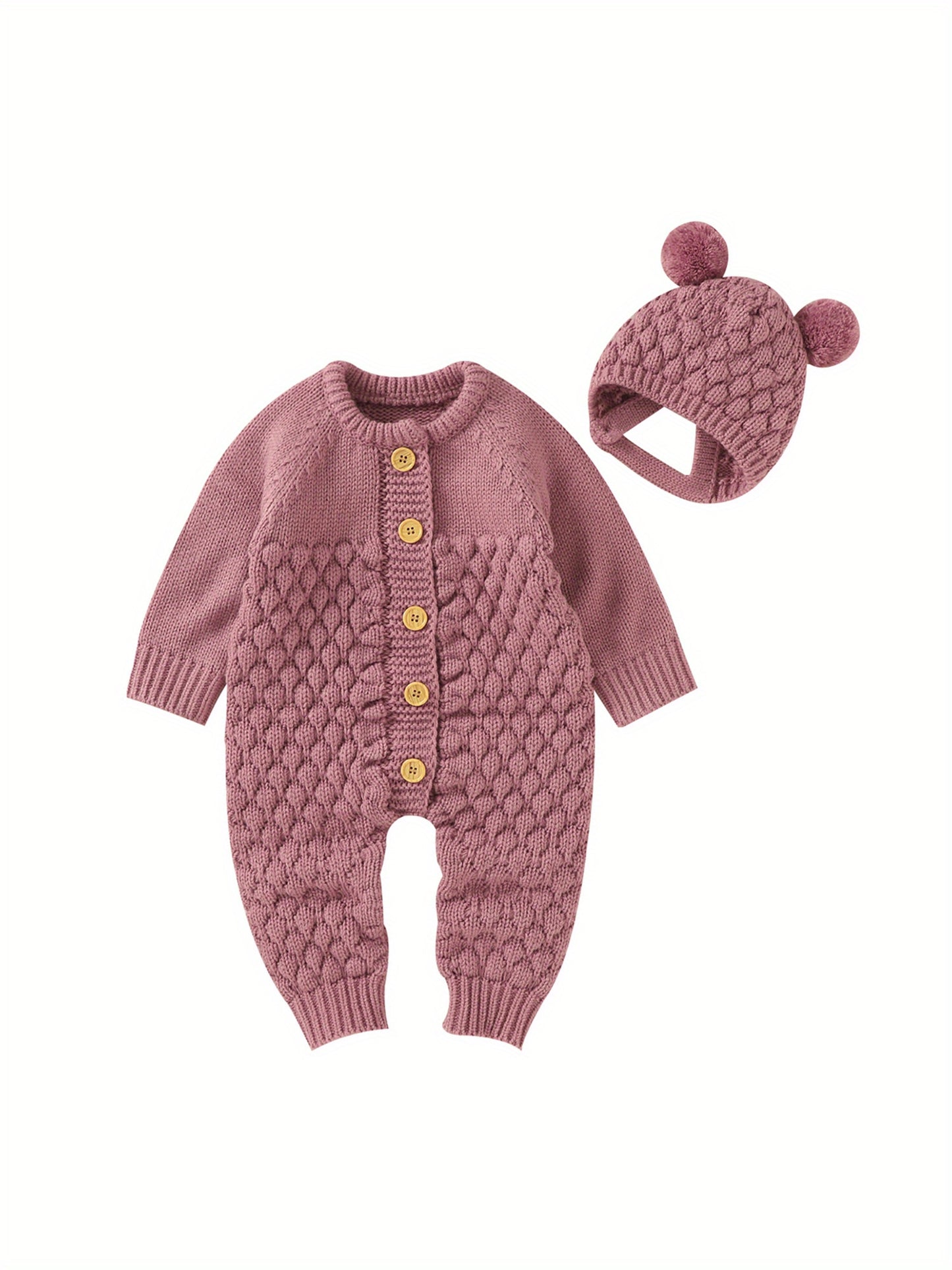 Infant Baby Winter Knit Romper Bear Hat 2pc Set Long Sleeve