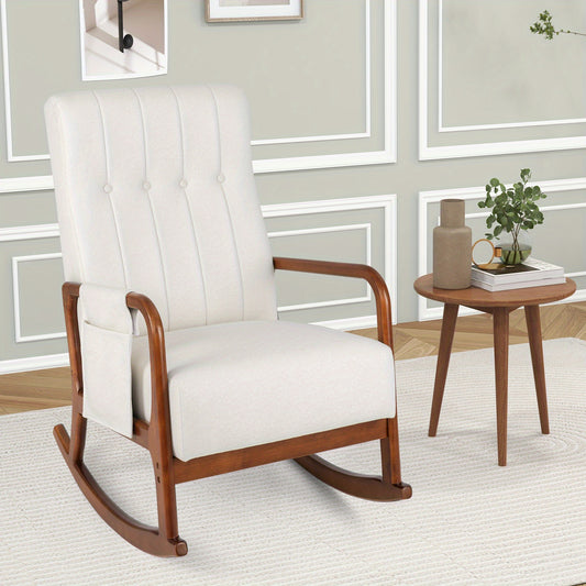 Lifezeal Rocking Chair with Ottoman, Upholstered Fabric Rocker with Solid Rubber Wood Frame & Padded Cushion, Tufted Glider Chair & Footrest Set for Nursery, Living Room, Bedroom, Beige/Grey