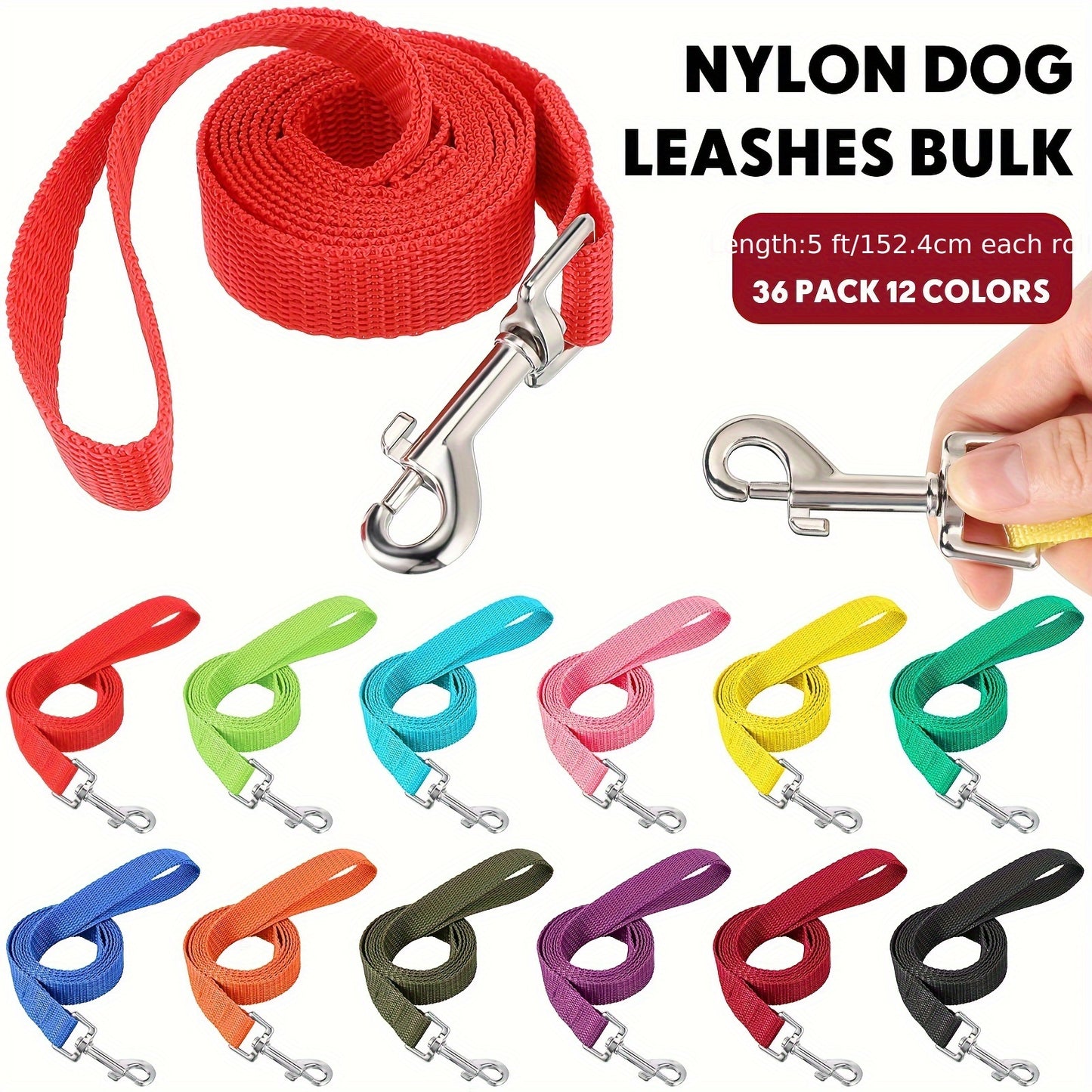 5 Ft Multicolored Nylon Rope Dog Leash - 36 Pcs Bulk Dog Training Slip Puppy Leash - For Small Medium Dogs Agility, Yard, Camping, Backyard Play (12 Colors)