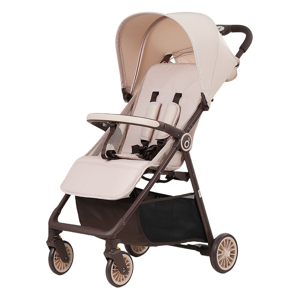 Compact Travel Stroller - Lightweight, Quick Fold, One-Click Operation, Beige & Brown Design, Anti-Skid Wheels, Large Capacity Basket, Portable Stroller for On-the-Go Parents, Durable Metal Frame, Compact Stroller