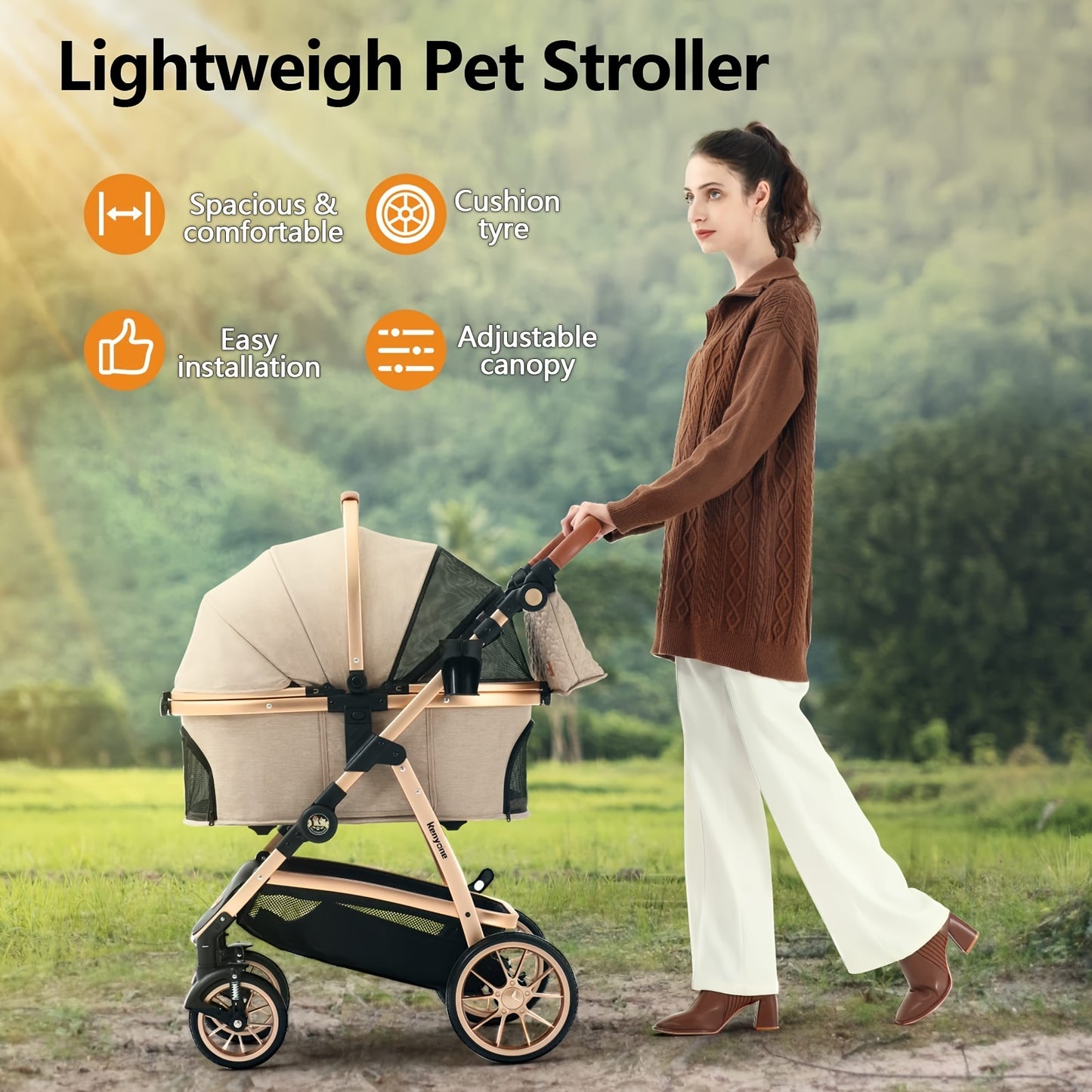 Kenyone Pet Stroller 3 in 1 for Medium & Small Dogs & Cats - Luxury Large Detachable Carrier for Puppy, Kitty, Doggie - Suitable for Walks, Travel & Outdoor Adventures - Ideal Gift for Pet Owners