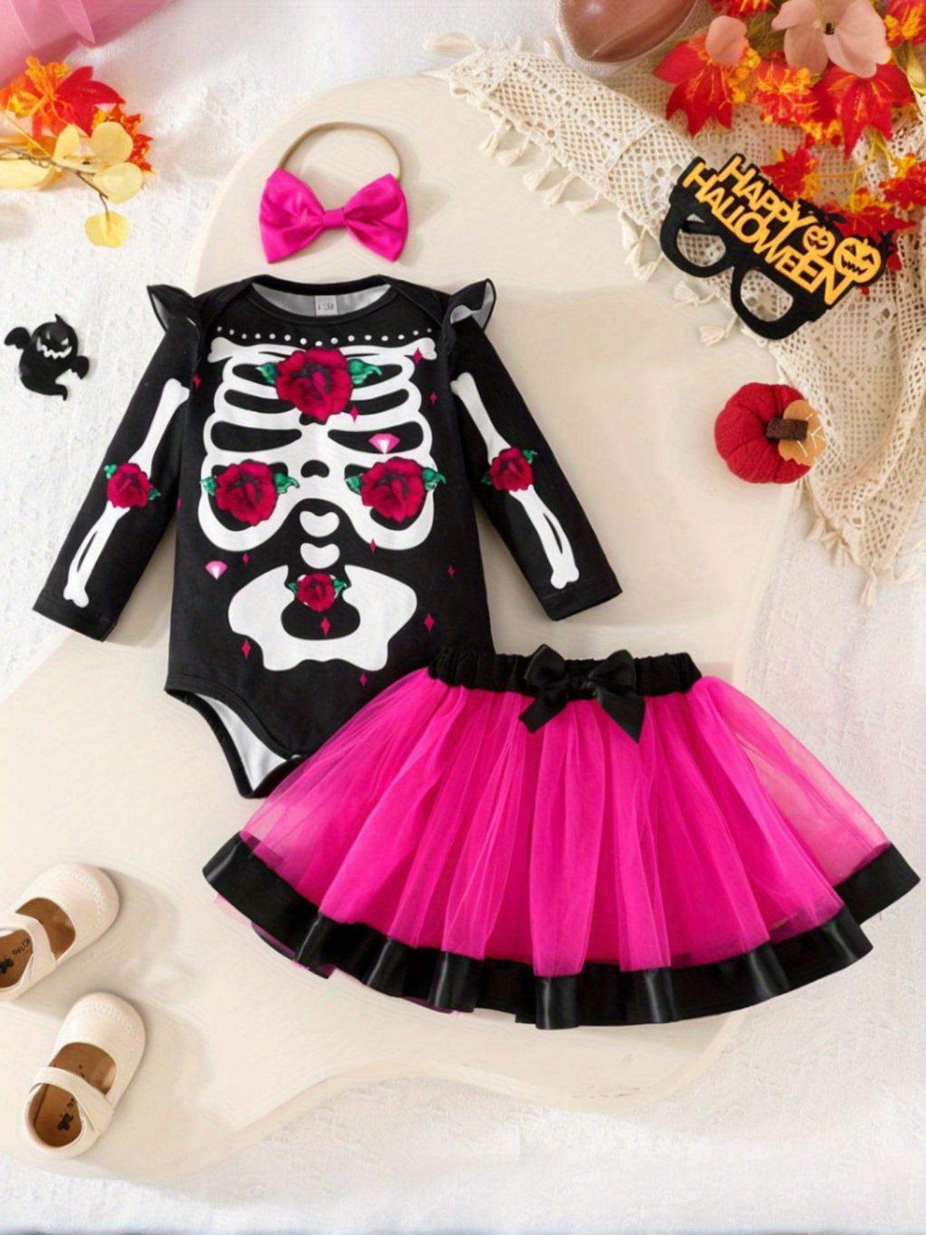 Halloween Skeleton Rose Three Piece Baby Girl Outfit Romper
