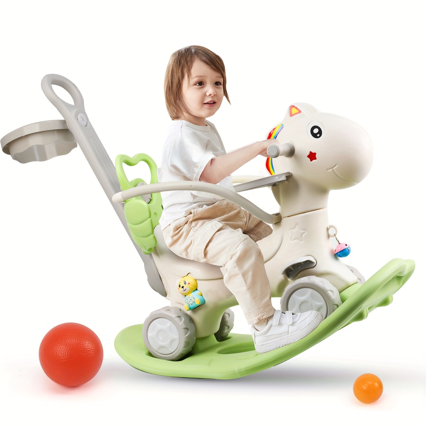 4 In 1 Kids Rocking Horse With Safety Rod Basketball Hoop Balance Toys For Toddlers