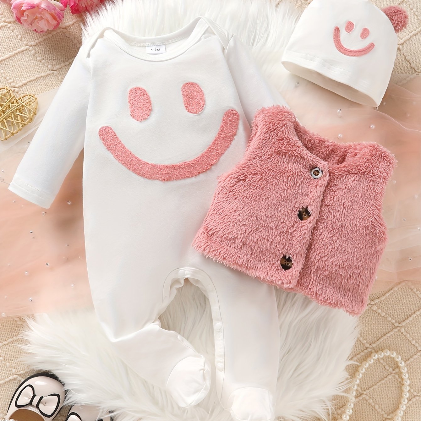 Baby Girl Three Piece Outfit With Teddy Bear Vest Jumpsuit