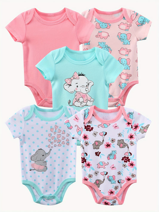 5pcs Short-sleeved Triangular One-piece Set For Baby Girls, Cotton Baby Coat, Crawling Coat And Bottom Coat, Elegant Cartoon Elephant Shape, Soft Fabric Home Wear, for Outdoor