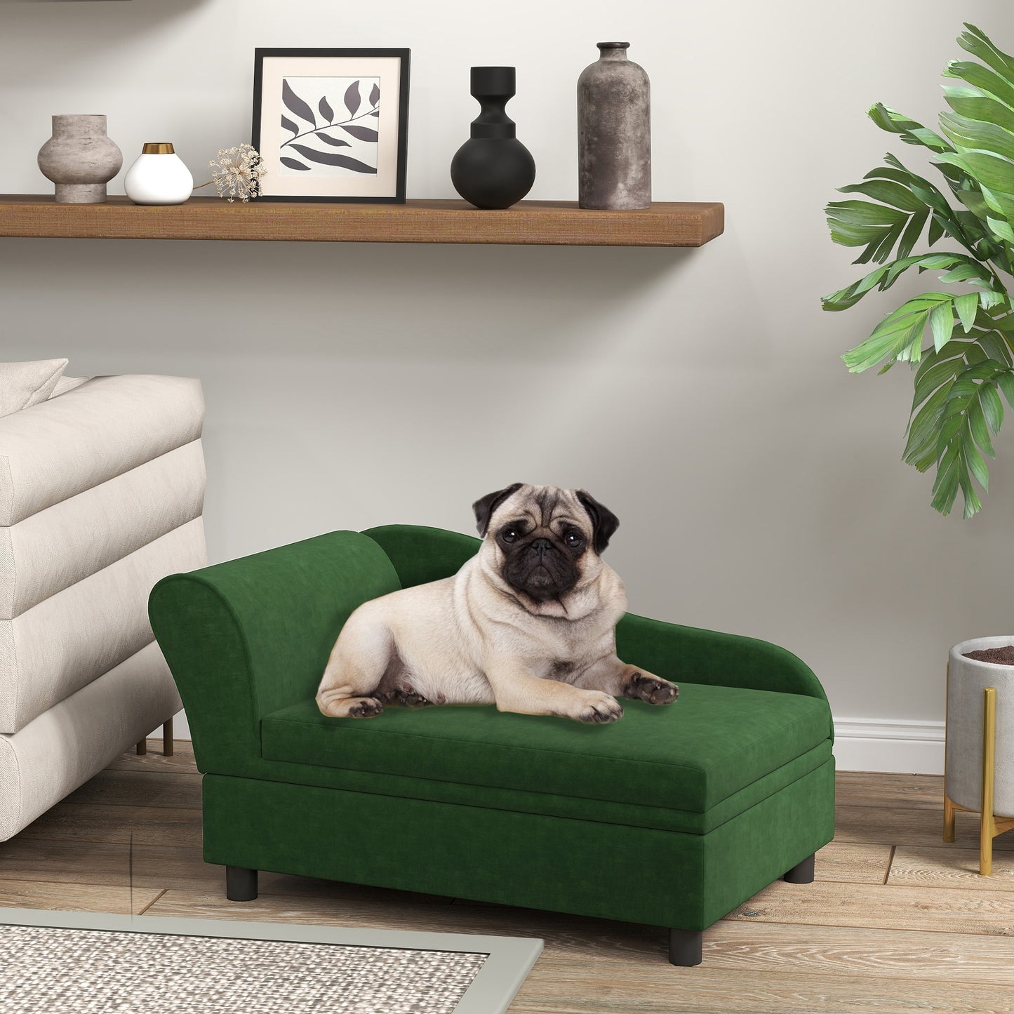 PawHut Luxury Green Small Dog Sofa Bed with Storage Comfy Modern Design for Cozy Homes