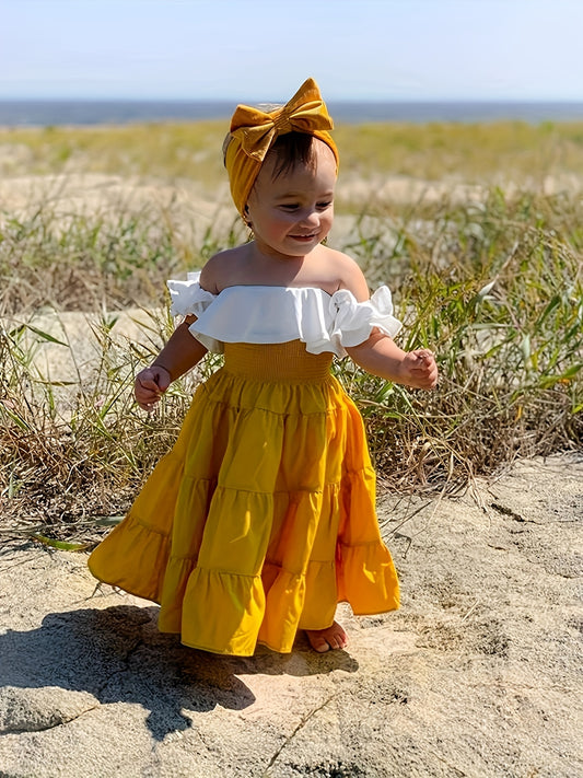 Vintage-Inspired 3pcs Youngsters Girl Outfit: Off-Shoulder Ruffled Crop Top, High-Waist Maxi Skirt & Matching Headband - Cotton Blend, Yellow, Perfect for Spring/Summer Beach Outings, Little Girl Clothes