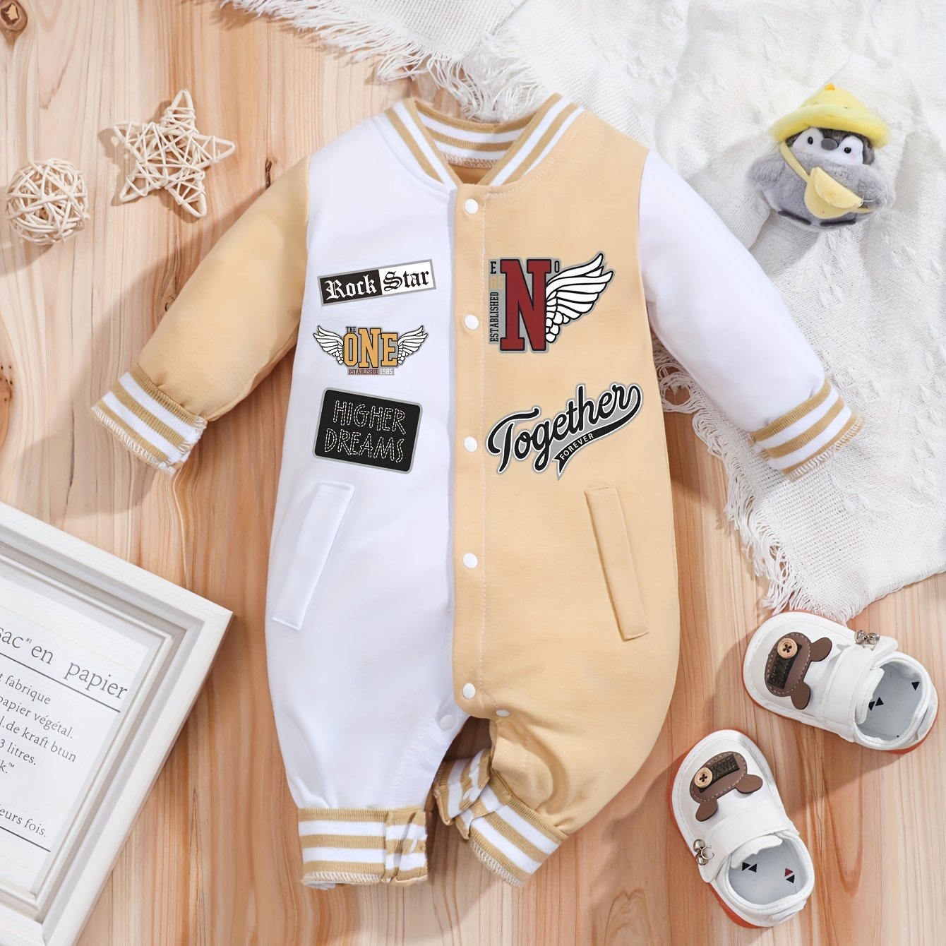 IURNXB Unisex Long-Sleeve Baseball Romper Color-Block Letter Print for Kids