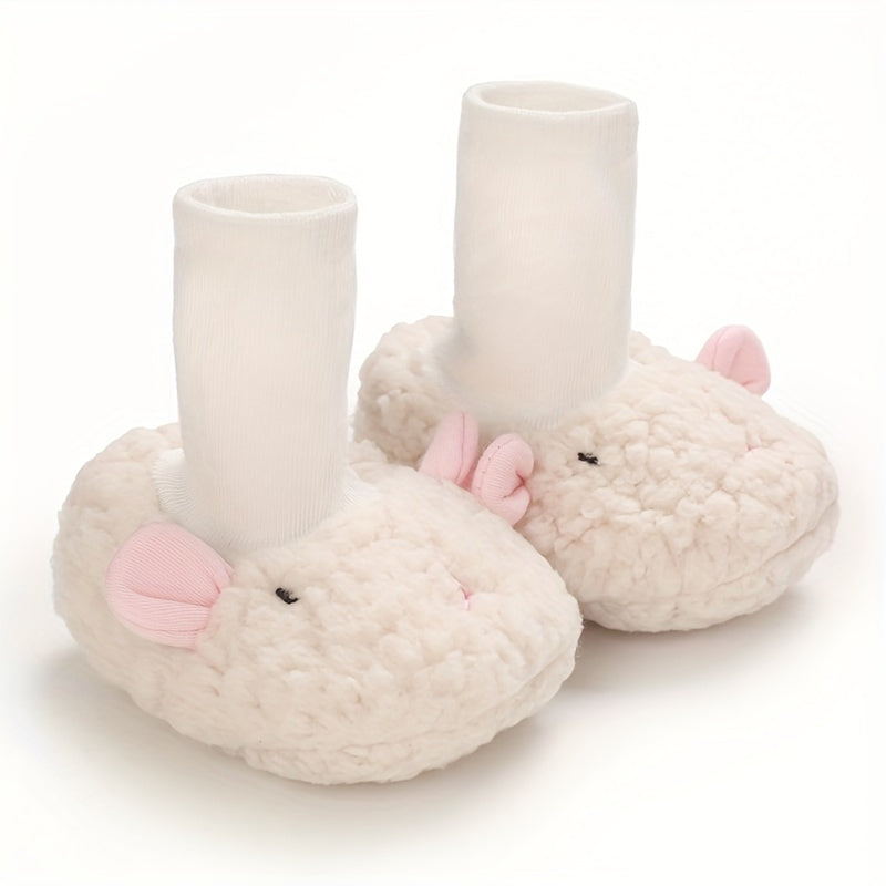 Cute Cartoon Animal Sock Shoes for Newborns, Warm Fleece-Lined Slip-On Footwear, Fabric Upper/Inner/Sole, Casual Street Style, with Sewing Thread Detail, for Indoor & Daily Use, Fall/Winter Season, Baby Shoes