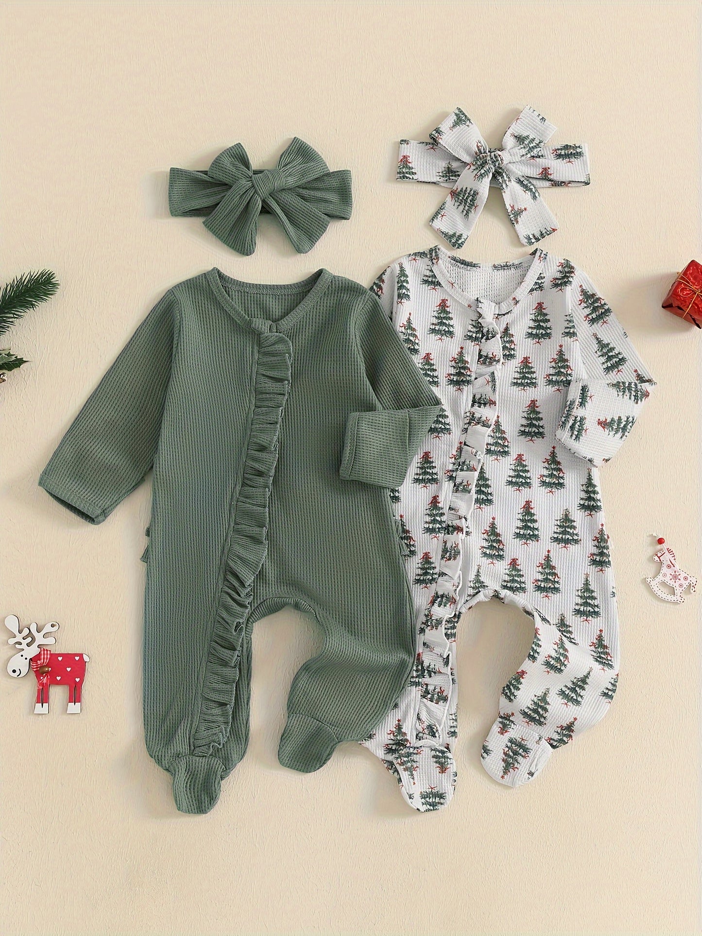 Baby Girls Long Sleeve Frills Jumpsuit Headband Footies