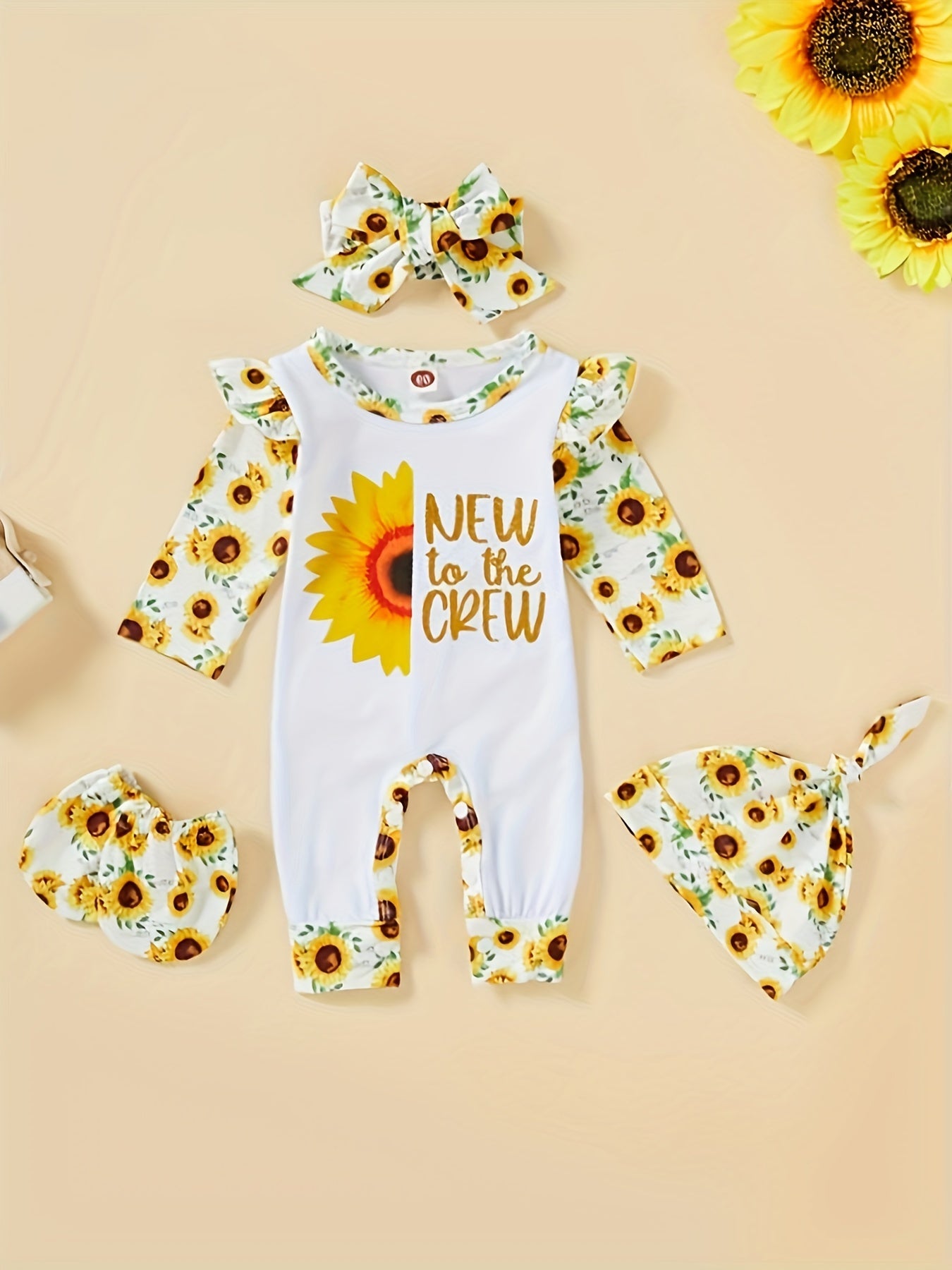 [Floral Baby Romper] Floral Newborn Baby Girl Romper | Infant Letter Print Bodysuit Jumpsuit+Hat+Headband+Gloves Coming Home Clothes Outfits