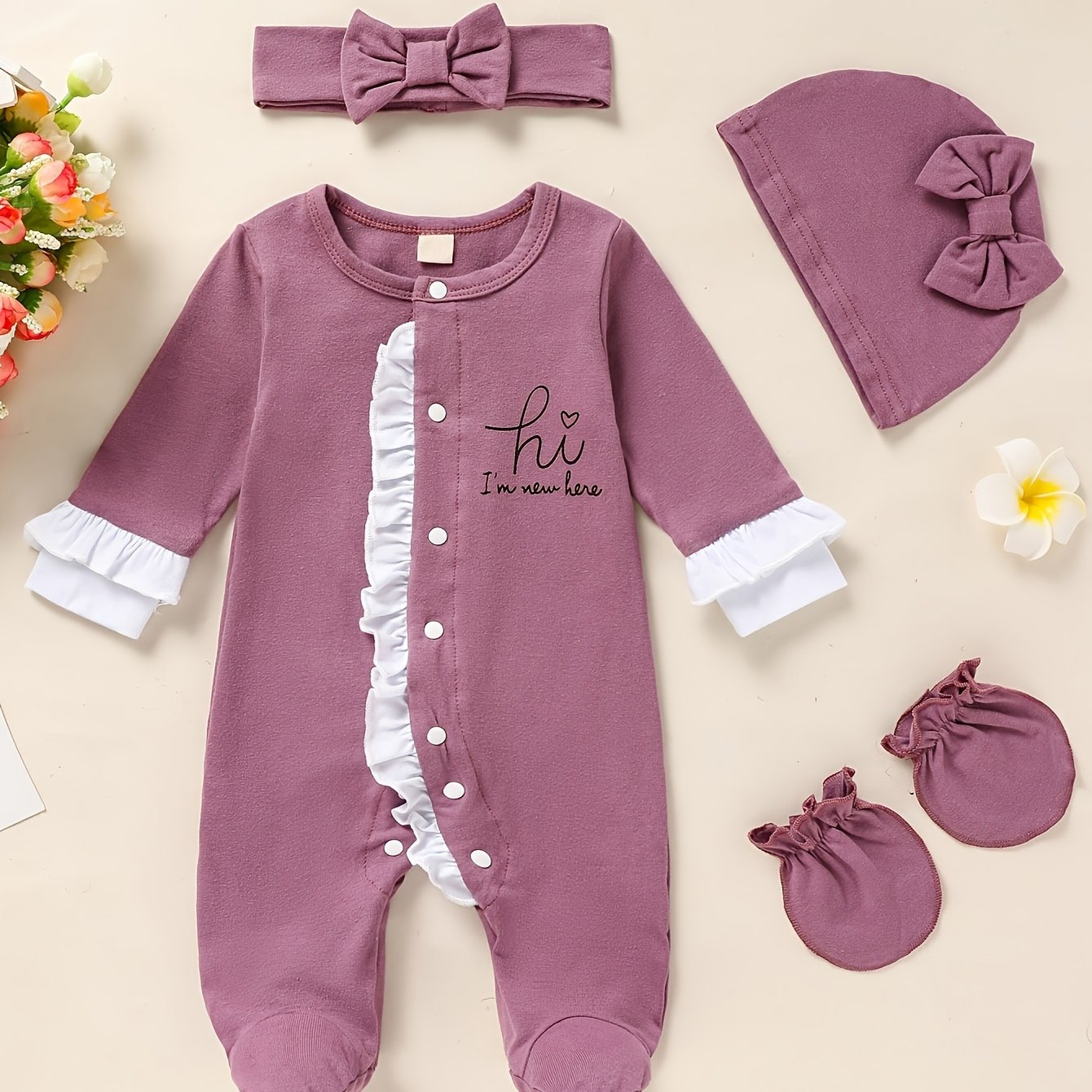 Newborn Baby Girl Romper Set Letter Print Mittens Headband