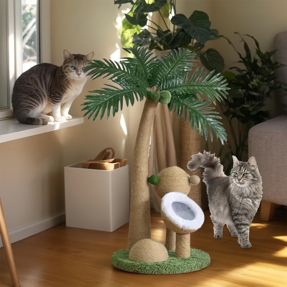 33 Inch Large Cat Scratching Post with Curved Palm Tree Design and Interactive Toys