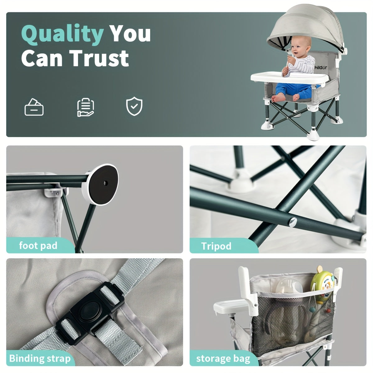 Portable High Chair for Toddlers with Adjustable Height and Detachable Tray in Multiple Colors