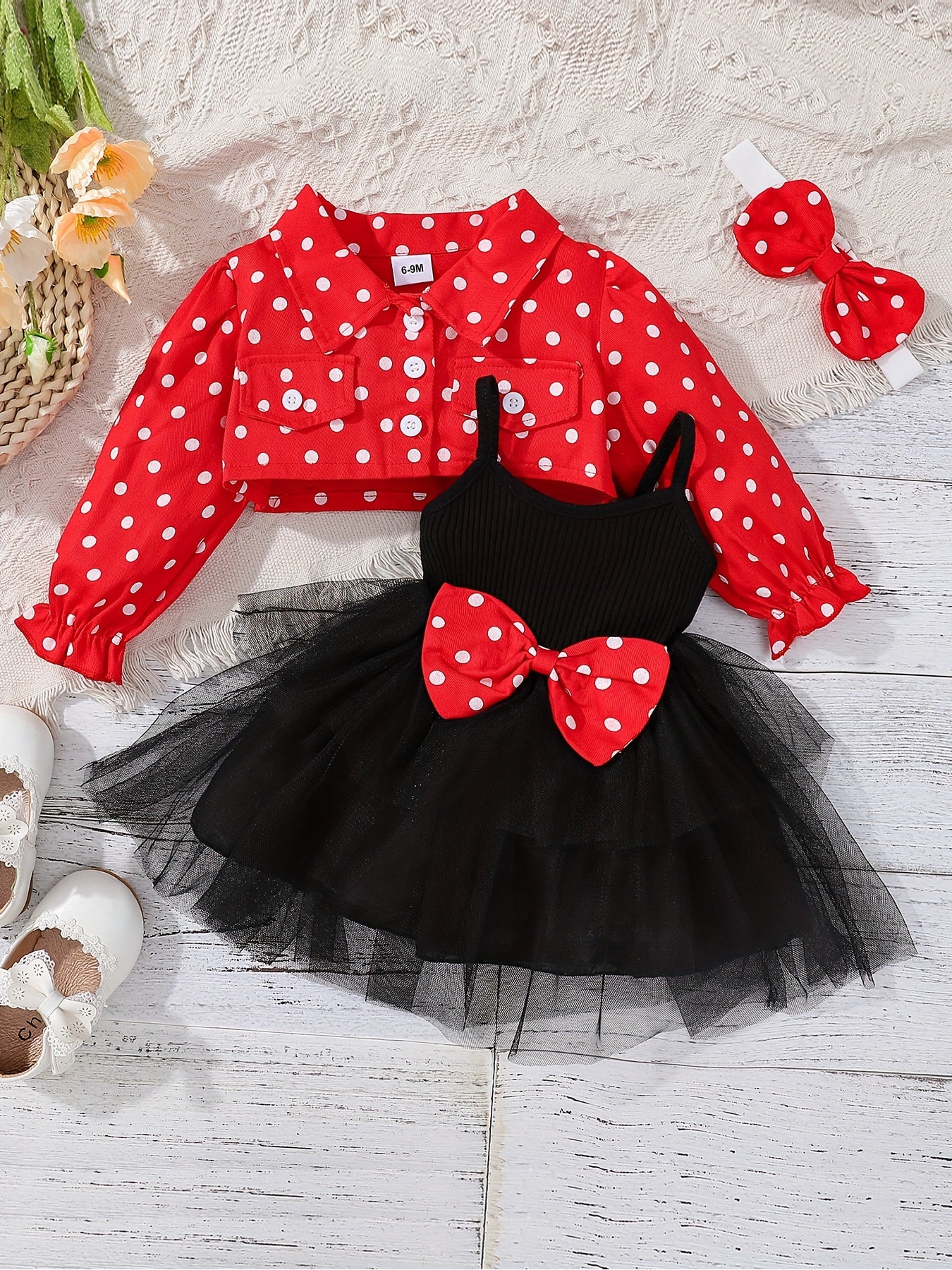 Baby Girl Red Head Knot Red Dot Jacket Black Suspender Mesh Skirt Set 3 to 24 Months