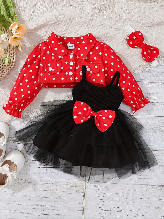 Baby Girl Red Head Knot Red Dot Jacket Black Suspender Mesh Skirt Set 3 to 24 Months