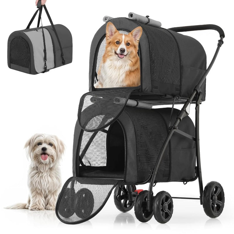Double Dog Stroller with Detachable Carrier Bags Large 4 Wheels Foldable Jogger for Small and Medium Dog Cats