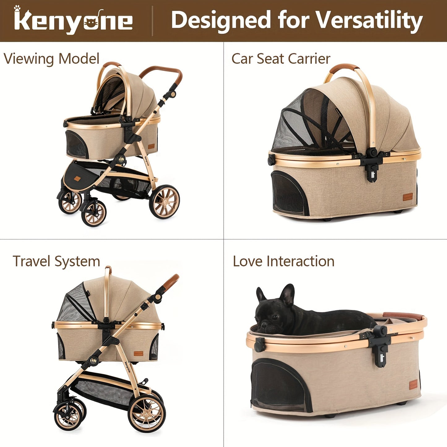 Kenyone Pet Stroller 3 in 1 for Medium & Small Dogs & Cats - Luxury Large Detachable Carrier for Puppy, Kitty, Doggie - Suitable for Walks, Travel & Outdoor Adventures - Ideal Gift for Pet Owners