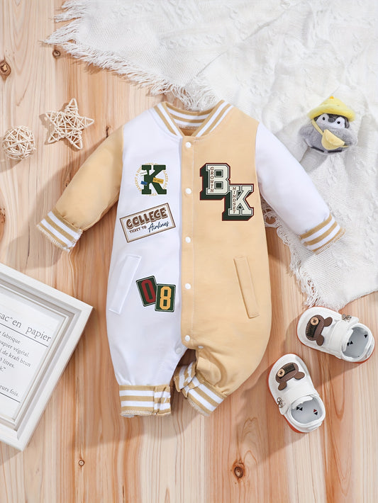 IURNXB Unisex Romper - Casual Polyester-Spandex Blend Color Block & Alphabet Letter Design, Long Sleeve Crew Neck Regular Fit Jumpsuit for Spring/Fall, 0-3 Years Outdoor Playwear, Perfect for Outdoor