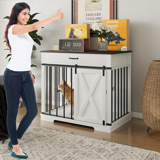 Wooden Dog Crate Kennel End Table with Sliding Barn Door and Convenient Drawer